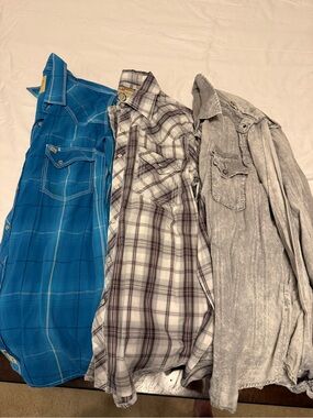 Three Casual Button-Up Shirts - Blue, White Plaid, Light Gray